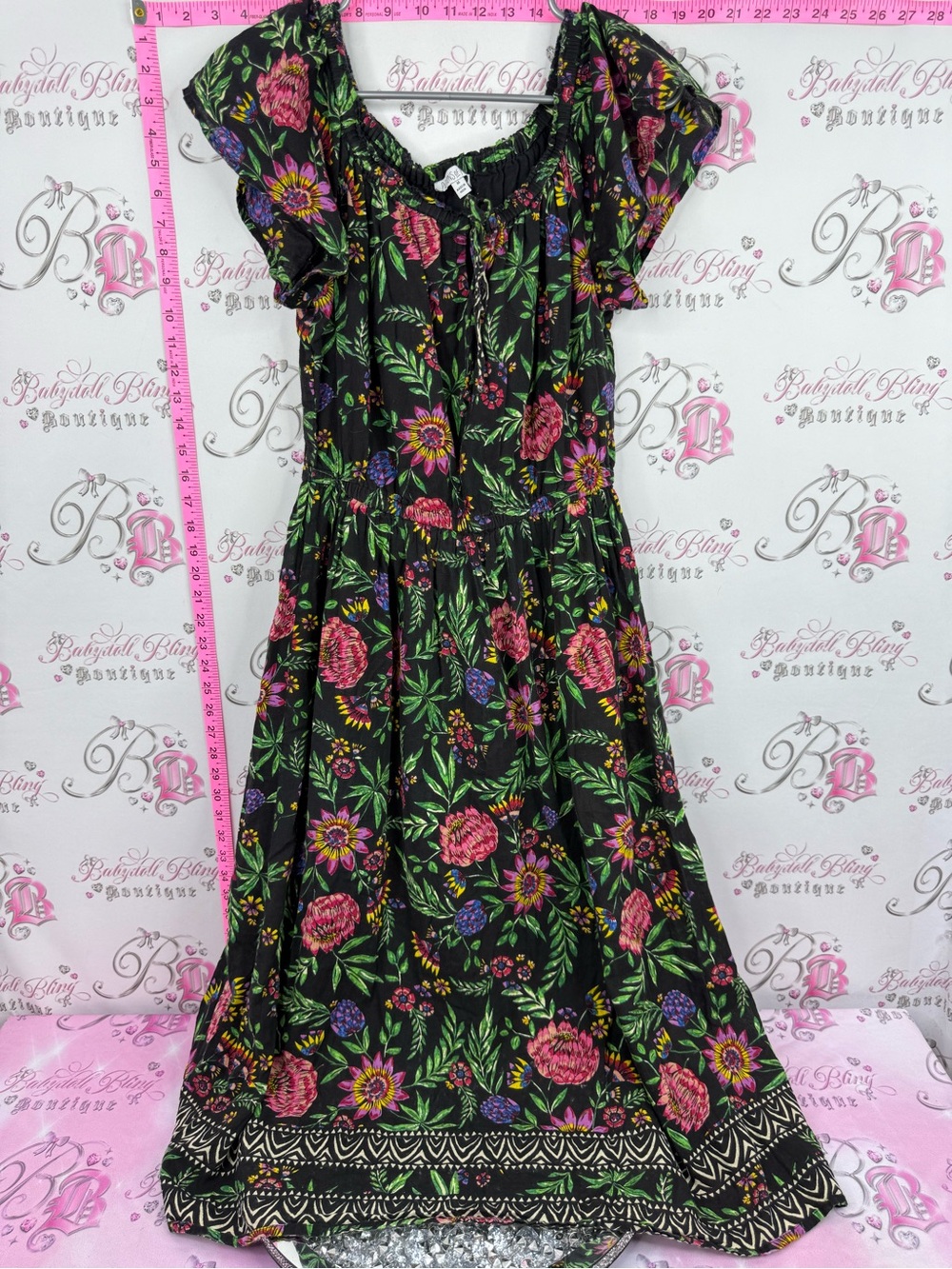 PATRONS OF PEACE DRESS long Floral Black Summer Dress with Pink & Green Print